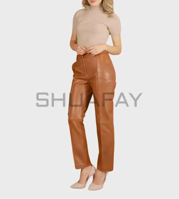 Eterna Luxe Leather Pants for women – lambskin leather, regular fit, leather piping, and fly zipper closure.