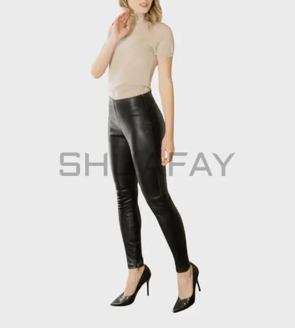 Lustrous Lambskin Leggings for women – premium leather, high-rise waist, hidden side zipper.