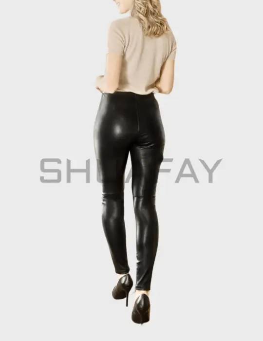 Lustrous Lambskin Leggings for women – premium leather, high-rise waist, hidden side zipper.