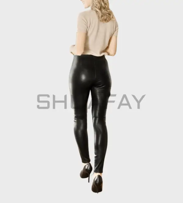 Lustrous Lambskin Leggings for women – premium leather, high-rise waist, hidden side zipper.