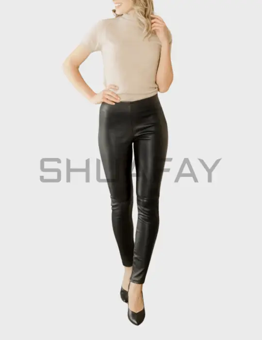 Lustrous Lambskin Leggings for women – premium leather, high-rise waist, hidden side zipper.