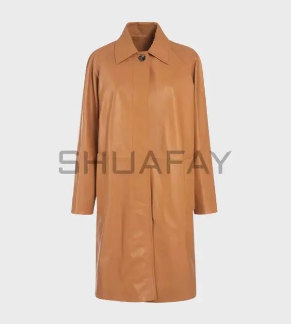 Marcellina Luxe Car Coat for Women - Lambskin leather, minimalist design, clean-cut cuffs, hidden button closure, timeless and versatile outerwear.