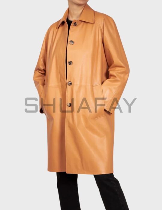 Luxury tan leather coat by SHUAFAY, stylish overcoat with minimalist design, button closure, and timeless appeal, perfect for upscale outdoor fashion.