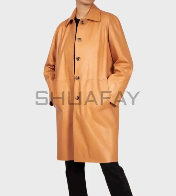 Marcellina Luxe Car Coat for Women - Lambskin leather, minimalist design, clean-cut cuffs, hidden button closure, timeless and versatile outerwear.