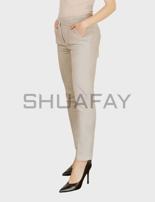 SHUAFAY beige leather pants with sleek design and tailored fit, perfect for luxury biker lifestyle and sophisticated looks.
