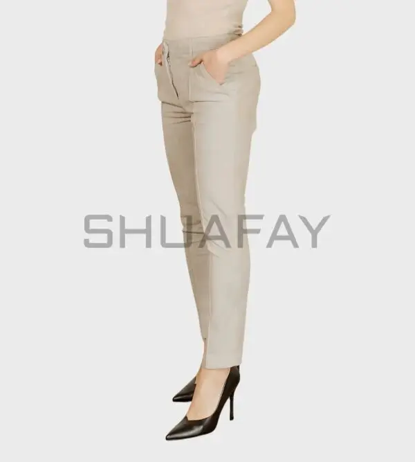 Opulence Mid-Rise Suede Pants – premium lambskin suede, mid-rise waist, and straight-leg design.