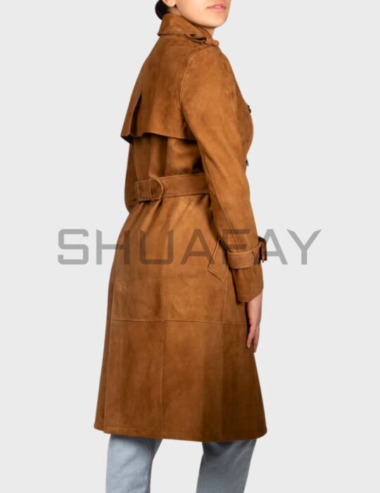 SHUAFAY Classic Leather Trench Coat with Belt in Brown.