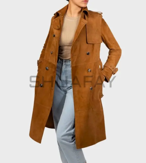 Velora Suede Trench Coat for Women - Premium Lambskin Suede, Adjustable Waist Belt, Classic 10-Button Style