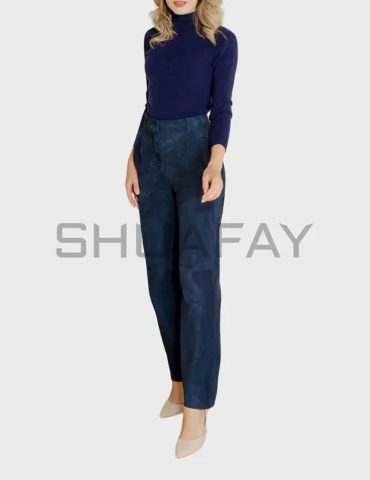 Velour High-Waist Suede Pants for women – lambskin suede leather, wide-leg tapered fit, and high-waist design.