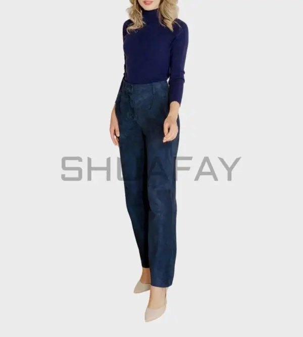 Velour High-Waist Suede Pants for women – lambskin suede leather, wide-leg tapered fit, and high-waist design.