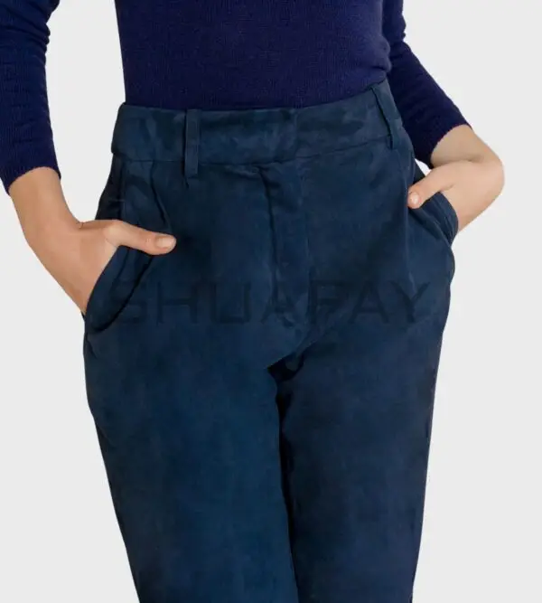 Velour High-Waist Suede Pants for women – lambskin suede leather, wide-leg tapered fit, and high-waist design.