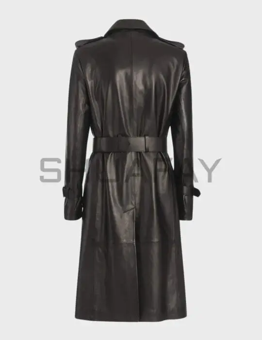 Victoria Lambskin Trench Coat – premium lambskin leather, trench design, double-breasted front, waist belt, iconic style.