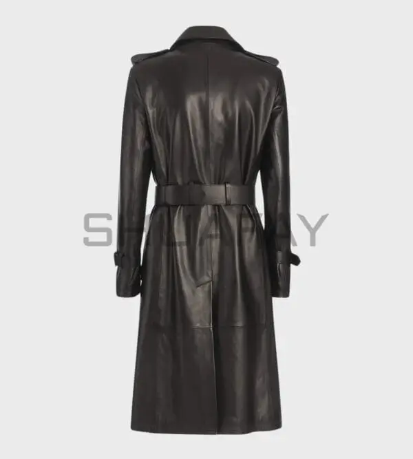 Victoria Lambskin Trench Coat – premium lambskin leather, trench design, double-breasted front, waist belt, iconic style.