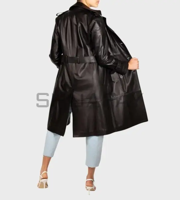 Victoria Lambskin Trench Coat – premium lambskin leather, trench design, double-breasted front, waist belt, iconic style.