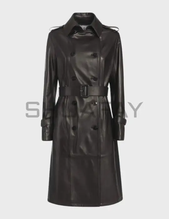 Victoria Lambskin Trench Coat – premium lambskin leather, trench design, double-breasted front, waist belt, iconic style.