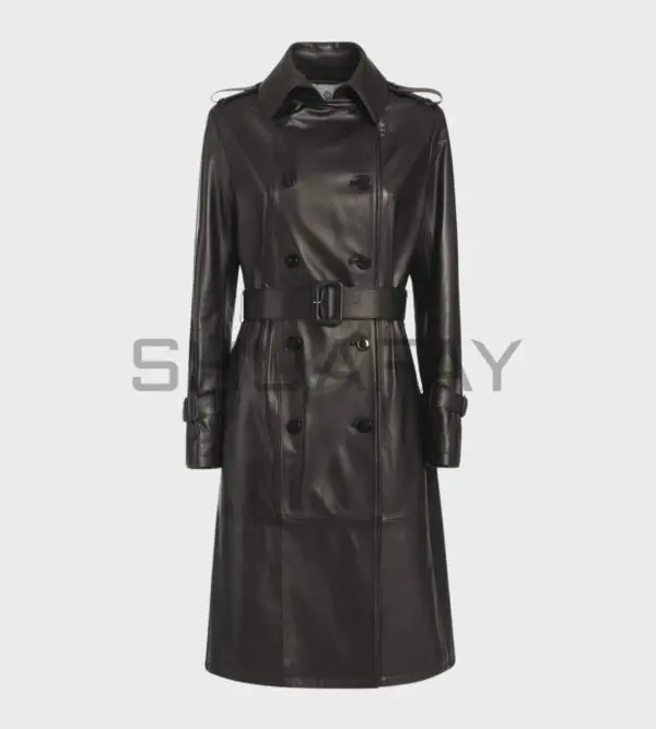 Victoria Lambskin Trench Coat – premium lambskin leather, trench design, double-breasted front, waist belt, iconic style.