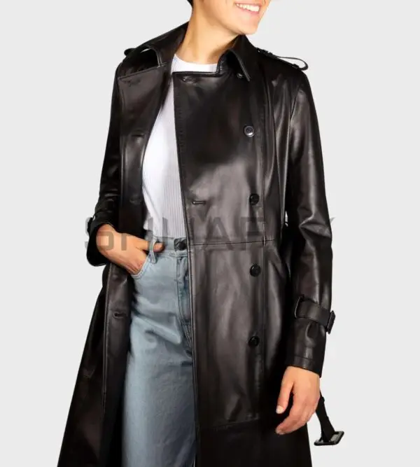 Victoria Lambskin Trench Coat – premium lambskin leather, trench design, double-breasted front, waist belt, iconic style.