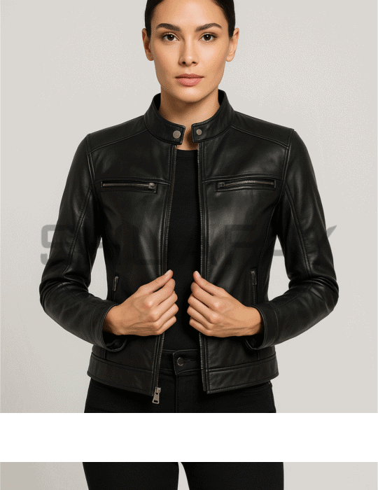 Black leather bomber for women