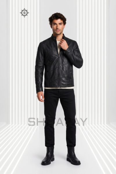 Bold Stitch Leather Jacket Men Black Front