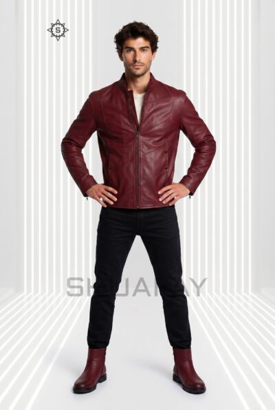 Bold Stitch Leather Jacket Men Burgundy Front 2