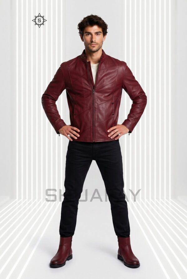 Bold Stitch Leather Jacket Men Burgundy Front 2