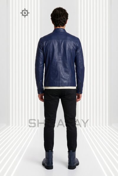 Bold Stitch Leather Jacket Men Navy Back