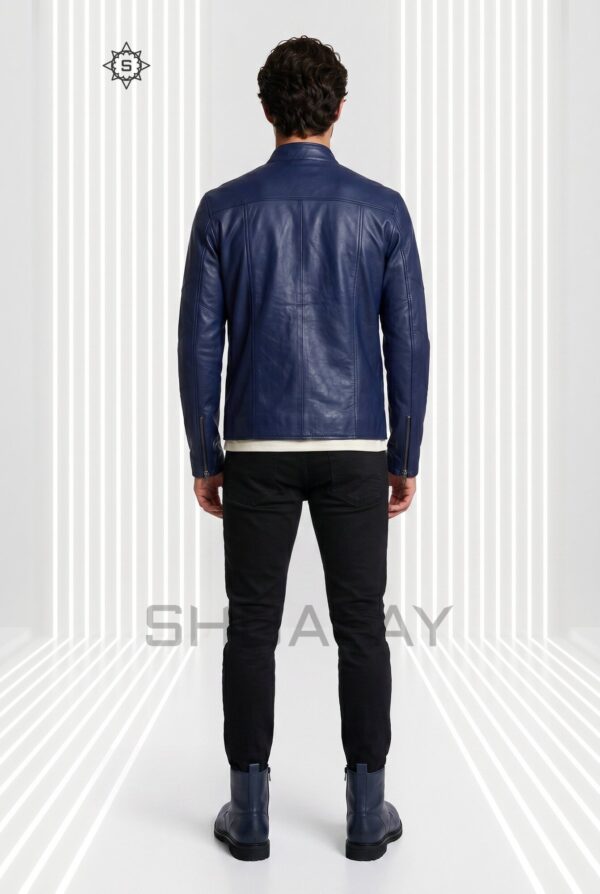 Bold Stitch leather jacket for men in Navy Blue, back view