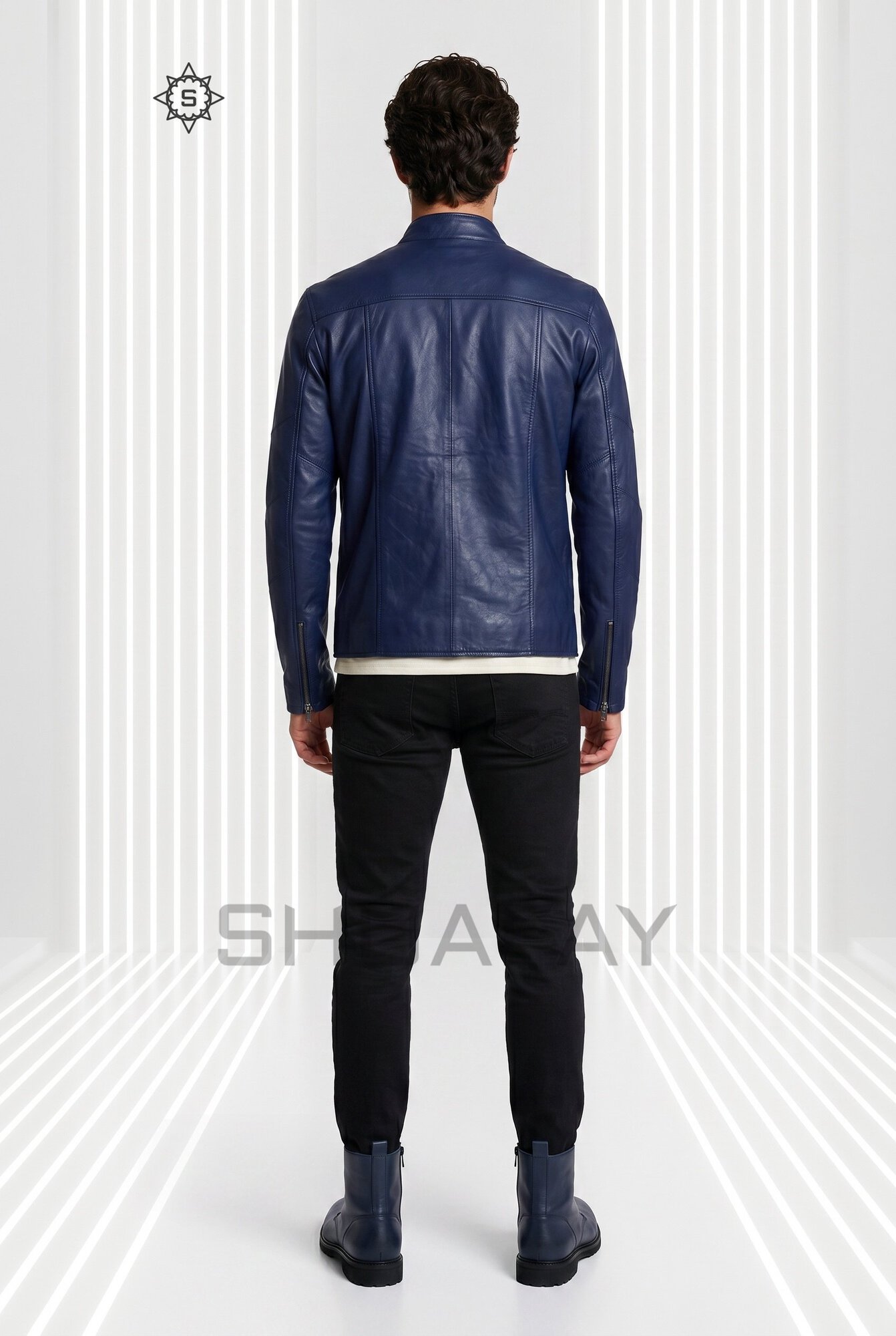 Bold Stitch Leather Jacket Men Navy Back