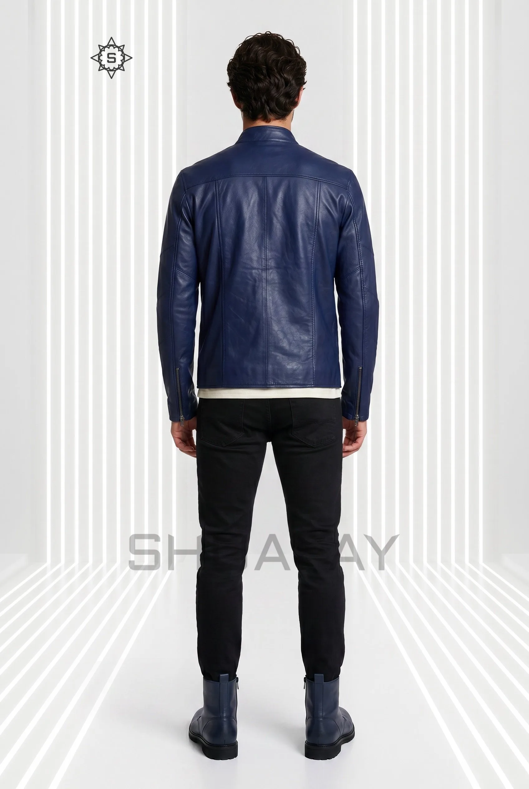 Bold Stitch leather jacket for men in Navy Blue, back view
