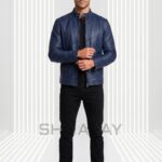 Bold Stitch Leather Jacket Men Navy Front