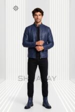Bold Stitch Leather Jacket Men Navy Front