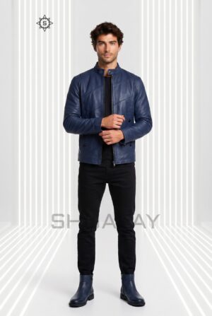Bold Stitch Leather Jacket Men Navy Front