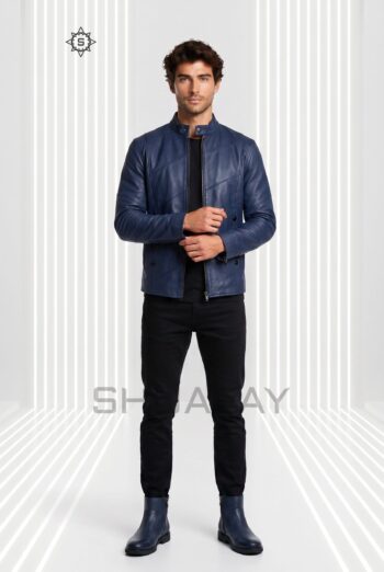 Bold Stitch leather jacket for men in Navy Blue, front view