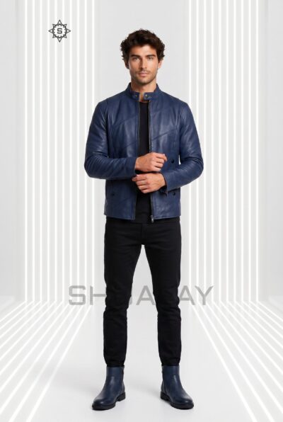 Bold Stitch Leather Jacket Men Navy Front