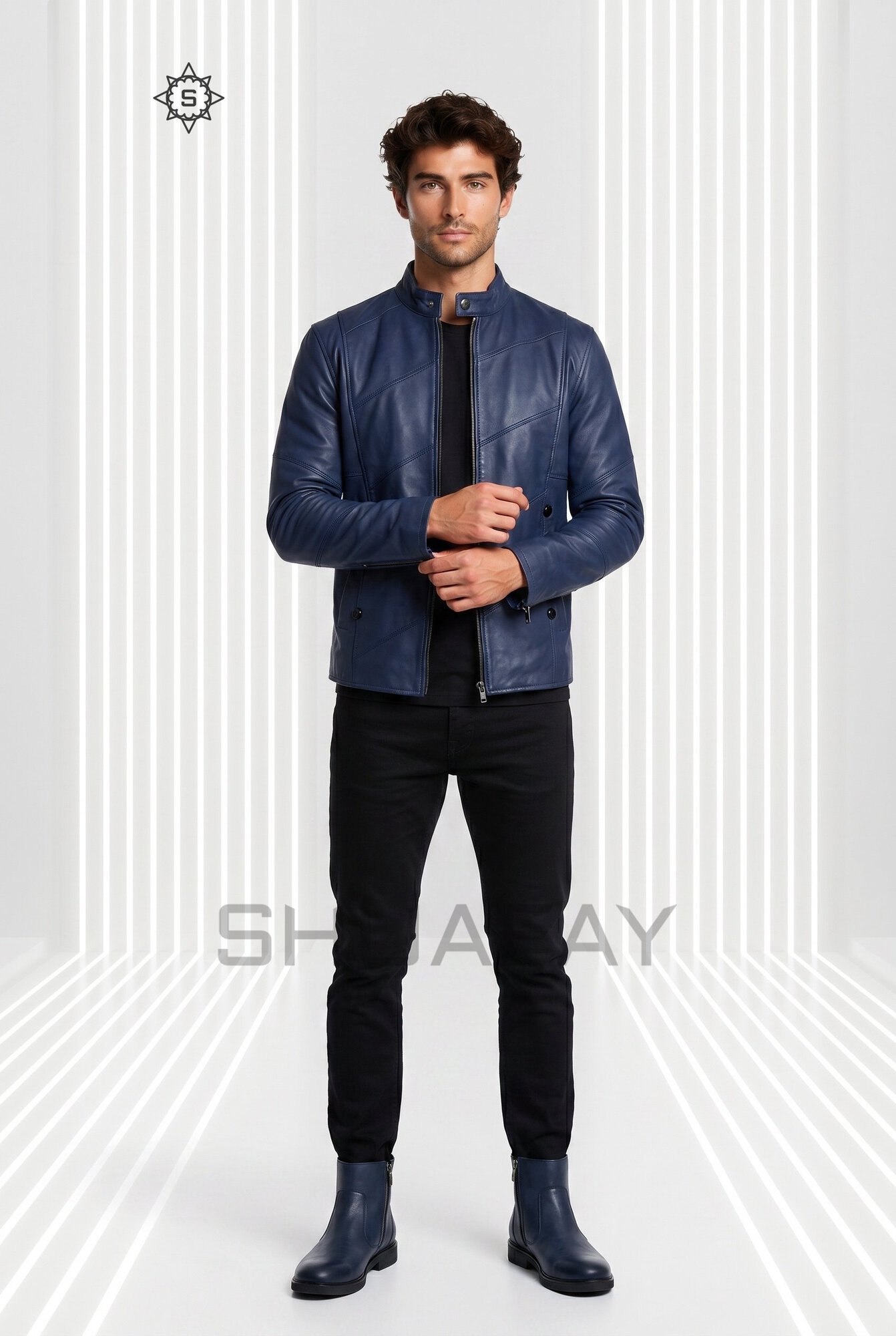Bold Stitch Leather Jacket Men Navy Front