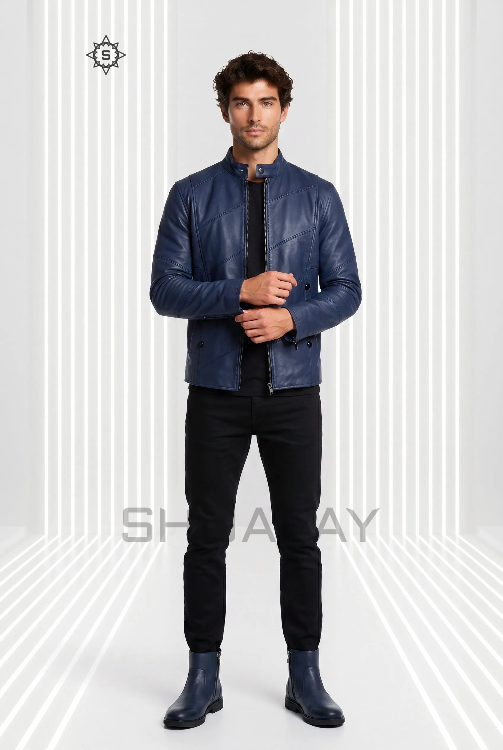 Bold Stitch leather jacket for men in Navy Blue, front view