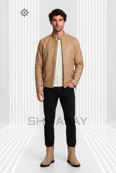 Bold Stitch Leather Jacket Men Tan Front