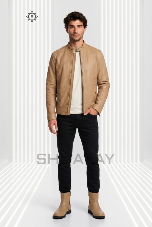 Bold Stitch Leather Jacket Men Tan Front