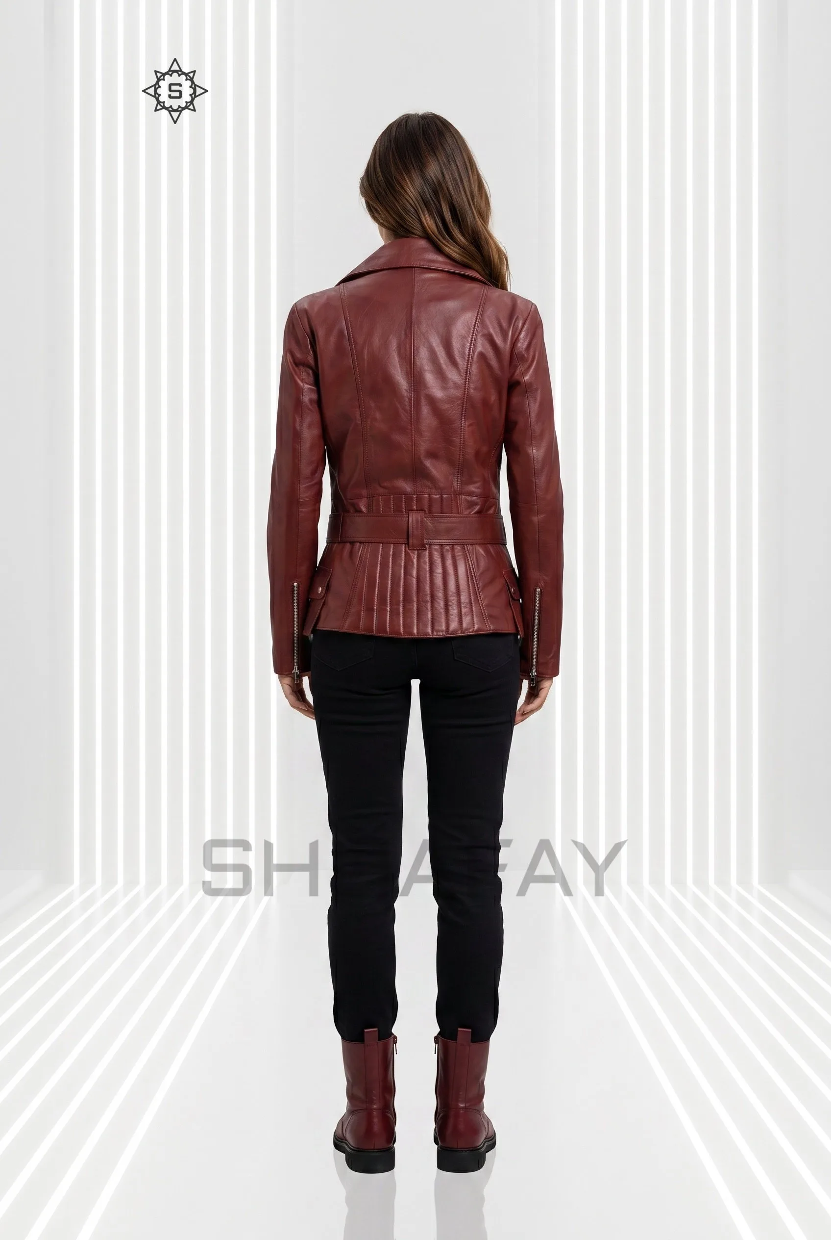 Evoke Elegance lambskin leather jacket for women in Burgundy, back view