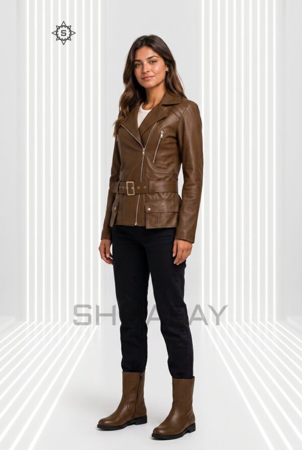 Evoke Elegance Lambskin Leather Jacket Women Brown Front