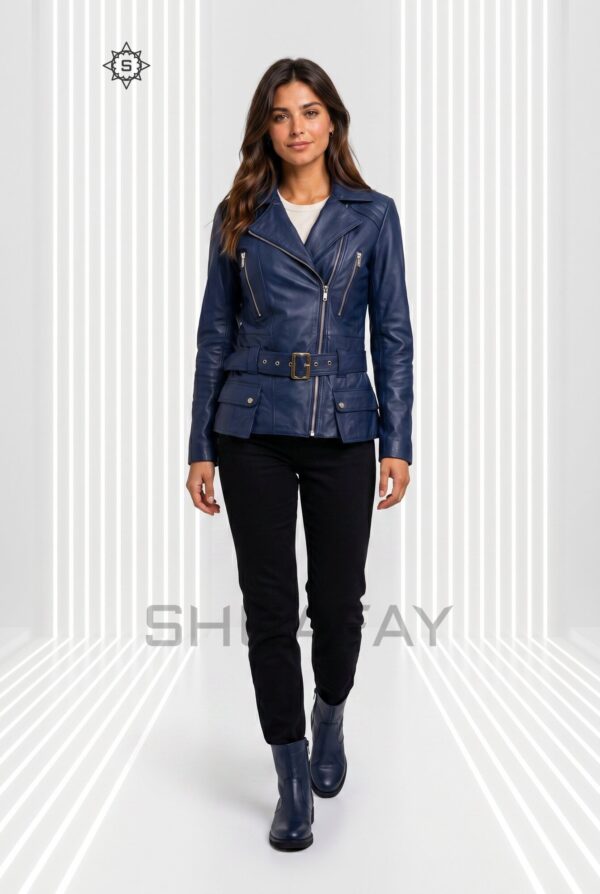 Evoke Elegance Lambskin Leather Jacket Women Navy Blue Front