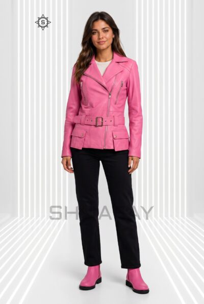 Evoke Elegance Lambskin Leather Jacket Women Pink Front
