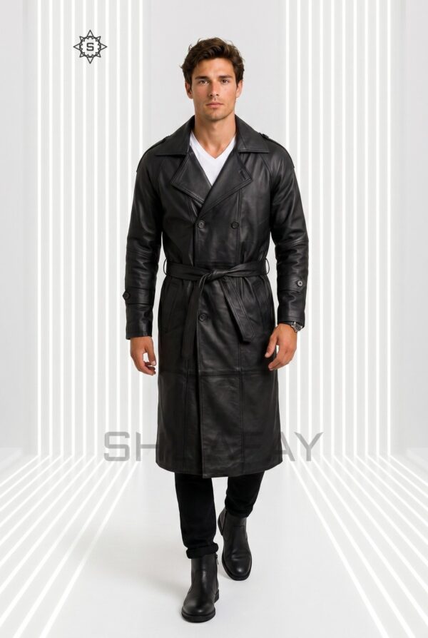 Gothic Luxe Leather Trench Coat Men Black Front