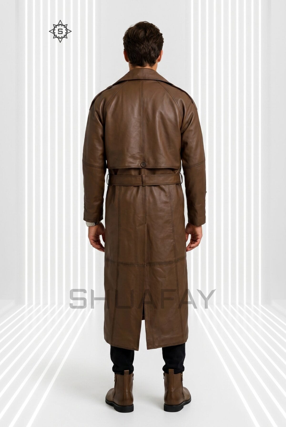 Gothic Luxe Leather Trench Coat Men Brown Back