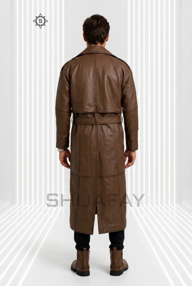 Gothic Luxe Leather Trench Coat Men Brown Back