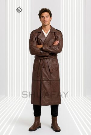 Gothic Luxe leather trench coat for men in dark brown, front view