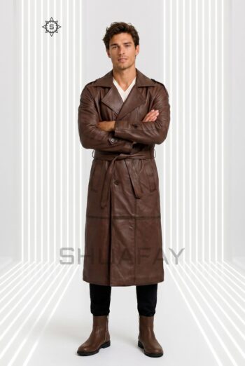 Gothic Luxe leather trench coat for men in dark brown, front view