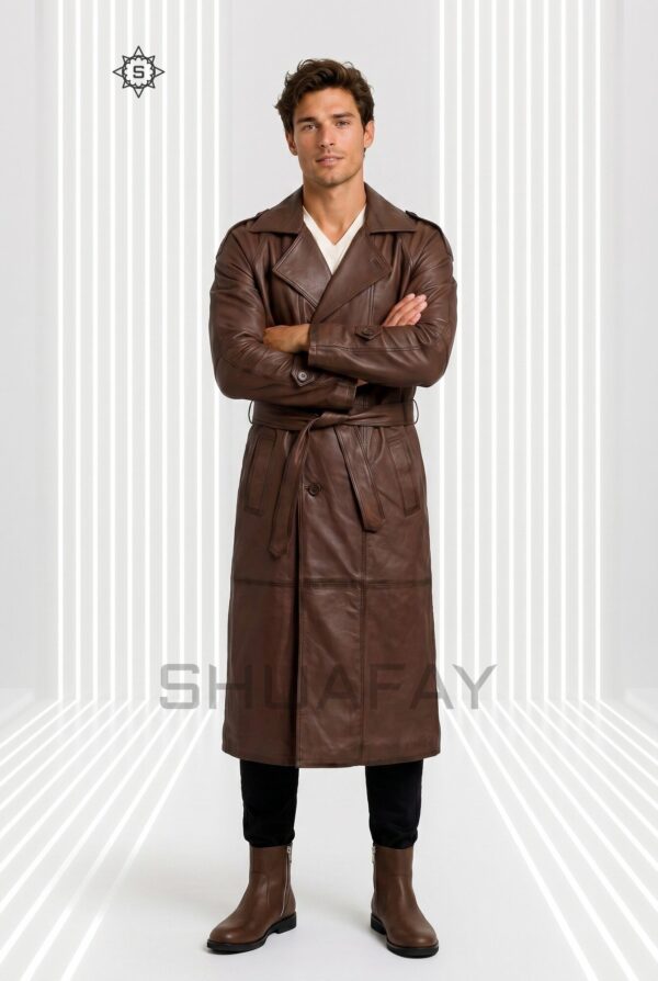 Gothic Luxe leather trench coat for men in dark brown, front view