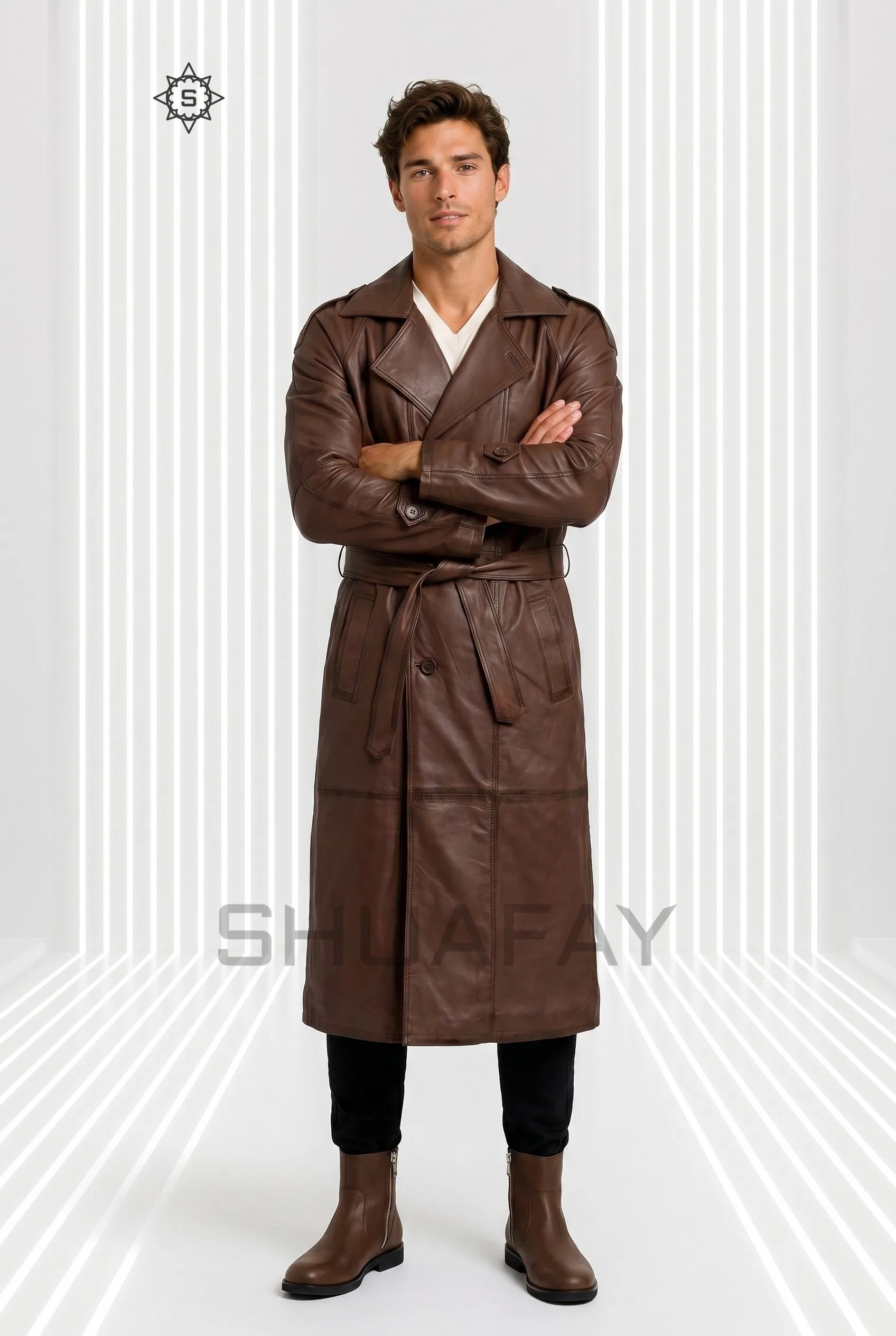 Gothic Luxe leather trench coat for men in dark brown, front view