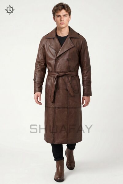 Gothic Luxe Leather Trench Coat Men Dark Brown Front